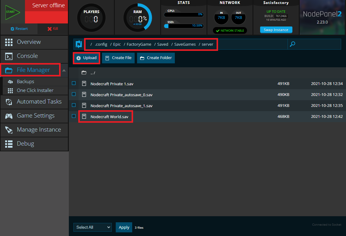 Uploading our Save File for Satisfactory into NodePanel