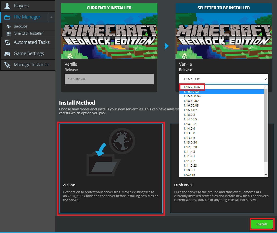 Selecting the server version in the One Click Installer for Minecraft: Bedrock Edition in the NodePanel