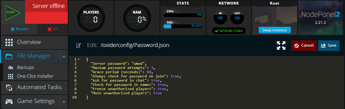 The password plugins config contents for a Rust Server within NodePanel