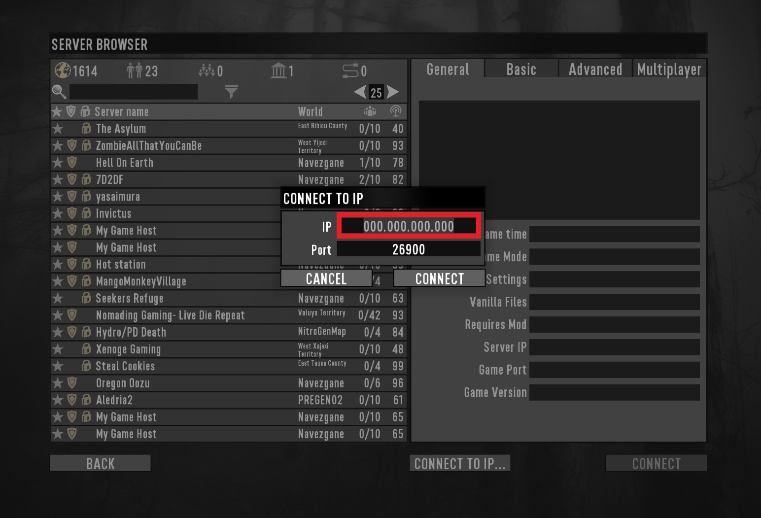 A view of the server listings for 7 Days to Die, and the pop up window to enter IP address to join a server