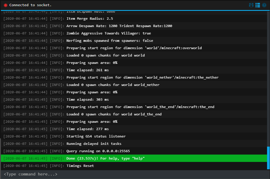 NodePanel console showing successful server startup using Paper