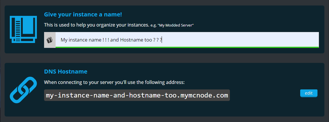 A view of the instance and host name being set on an instance on the Nodecaft control panel