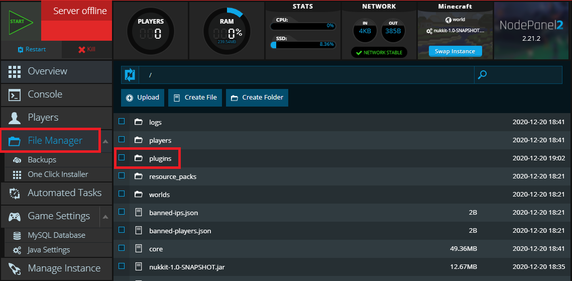 Showing the plugins folder for Cloudburst within NodePanel