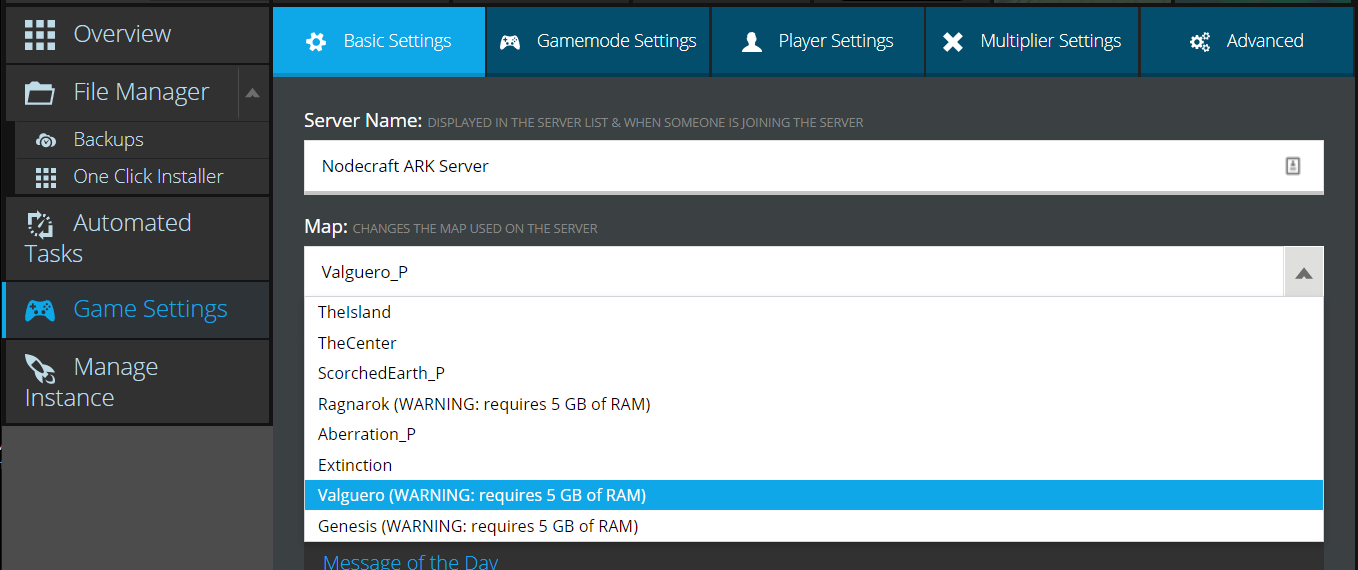 A view of the Nodecraft control panel for ARK, showing the Valguero map being set on the server