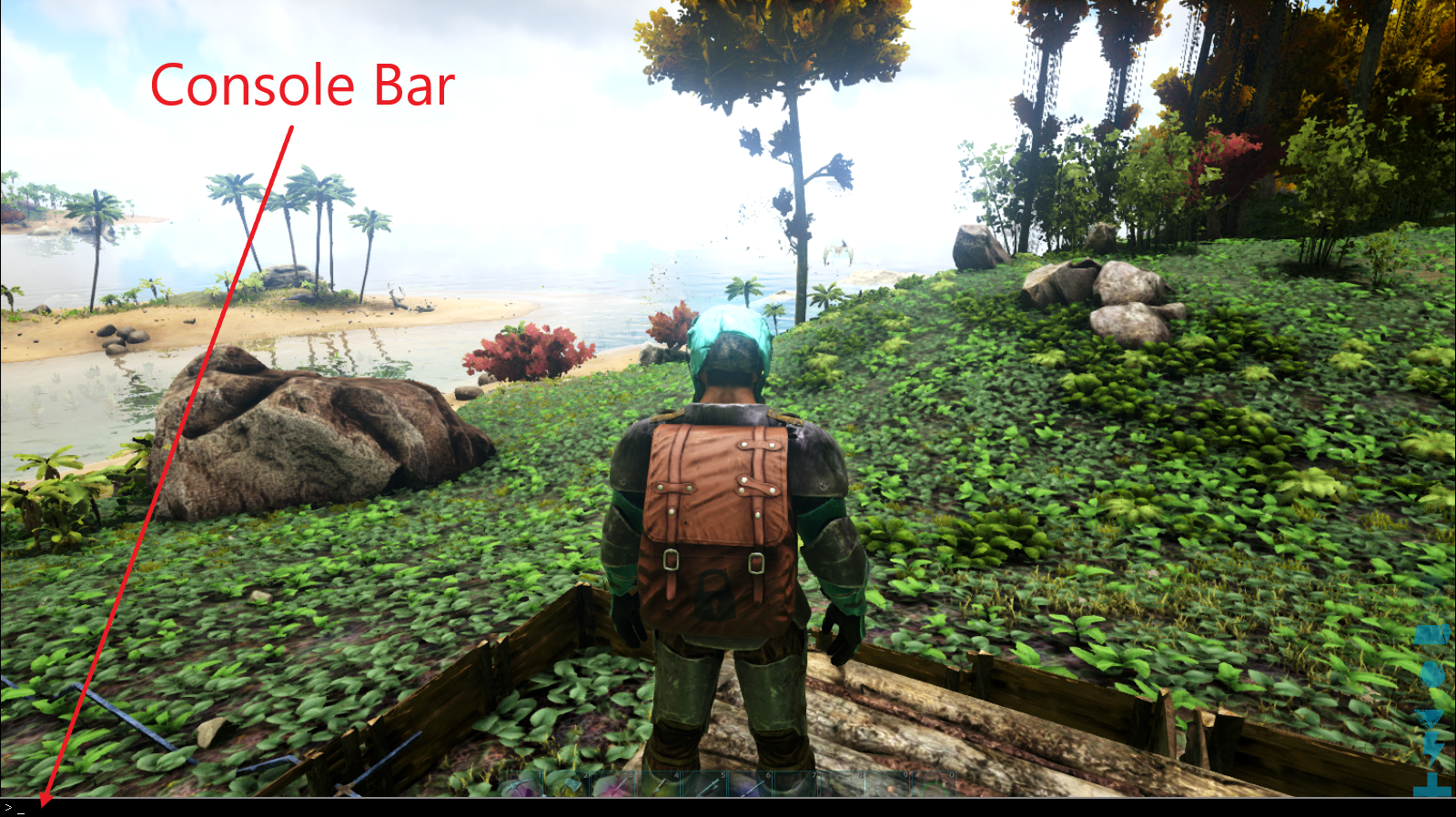 A view of ARK showing the console window open