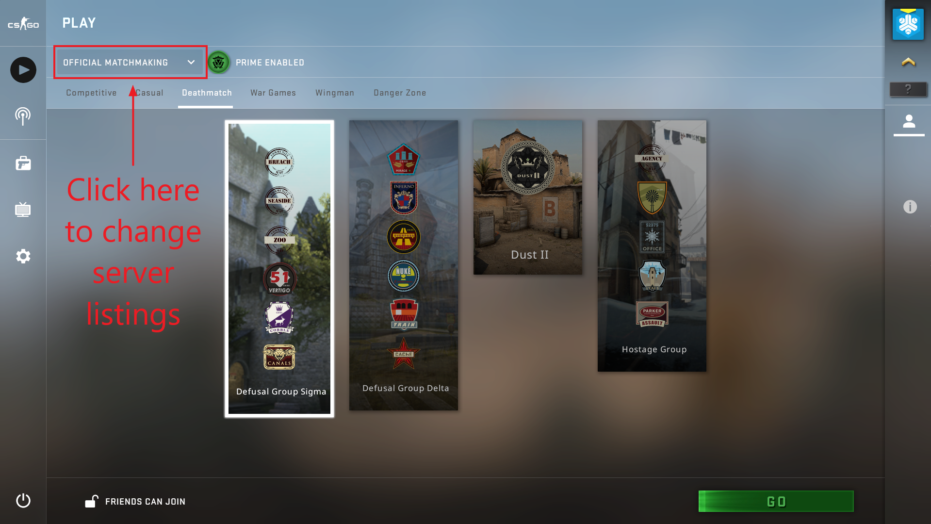 A view of the CSGO menu showing how to change the server listings