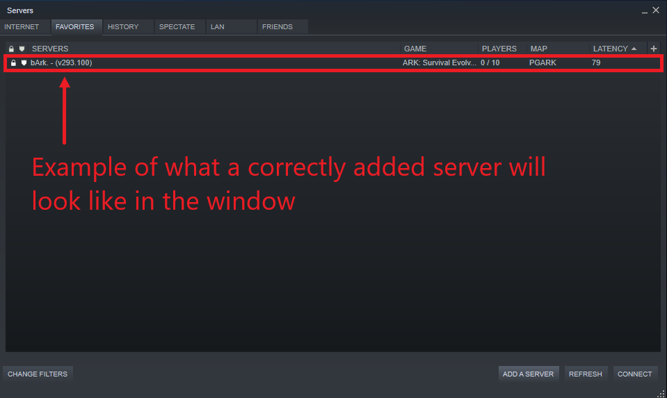 A view of the Steam server listing box showing a correctly added server