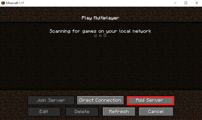 Minecraft Client highlighting Add Server in the Multiplayer Screen