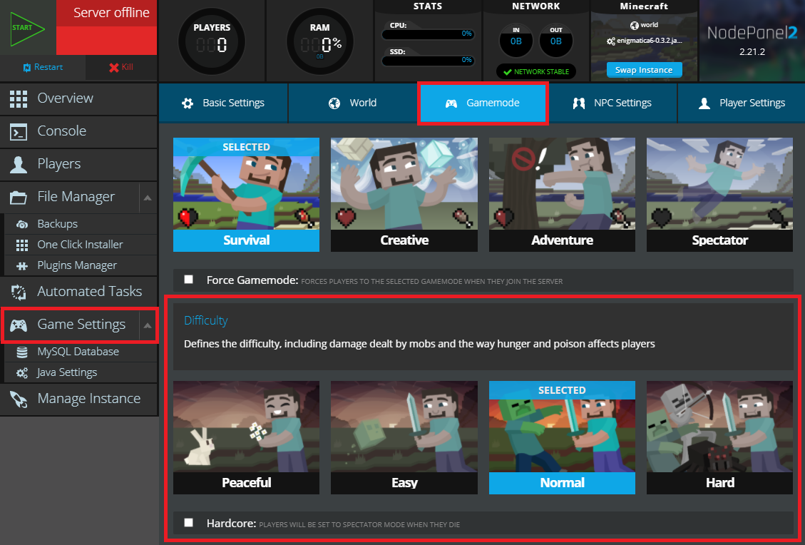 The Gamemode tab in NodePanel for Minecraft to change the difficulty