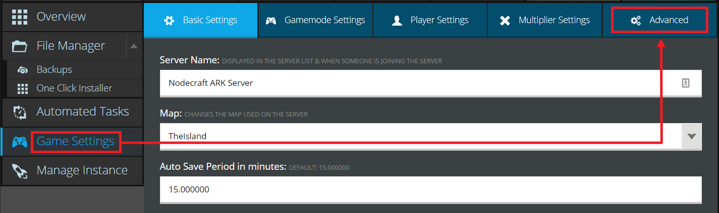 A view of the Nodecraft control panel, showing the game settings for the game ARK: Survival Evolved