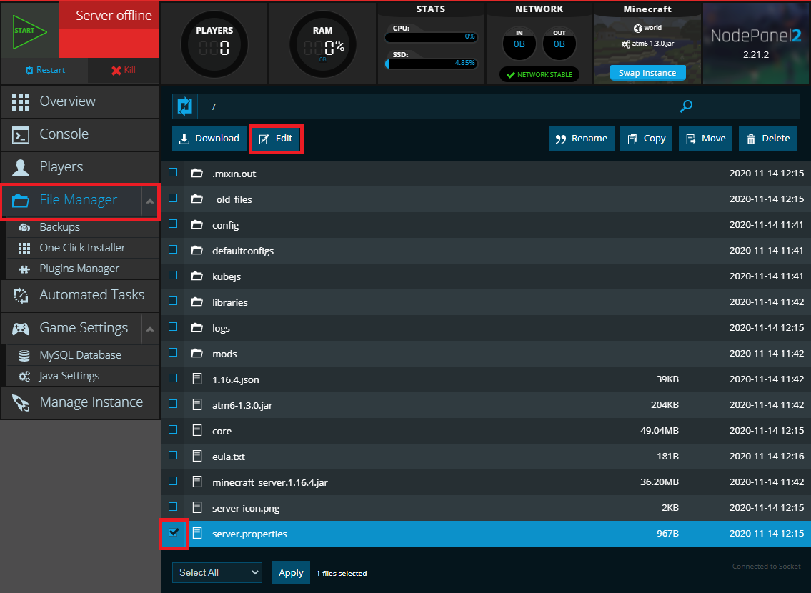 The Nodecraft Control Panel showing where to find the server.properties file in the File Manager