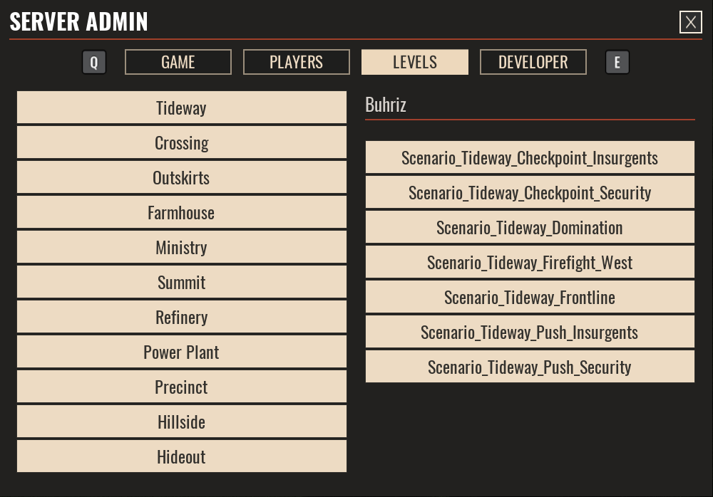 A view of the Levels page of the admin menu in Insurgency: Sandstorm