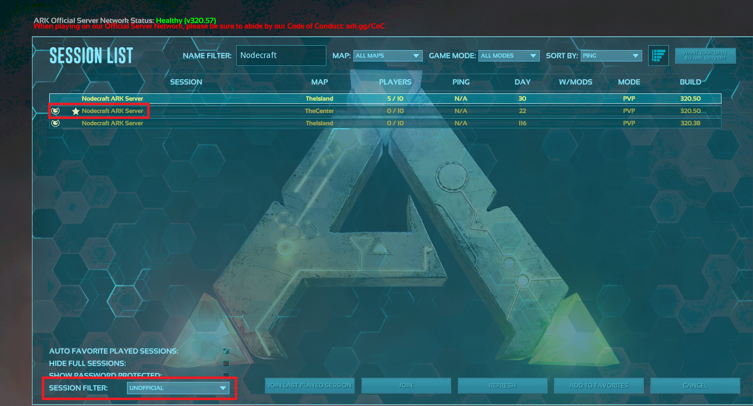 Viewing the server lists within ARK: Survival Evolved