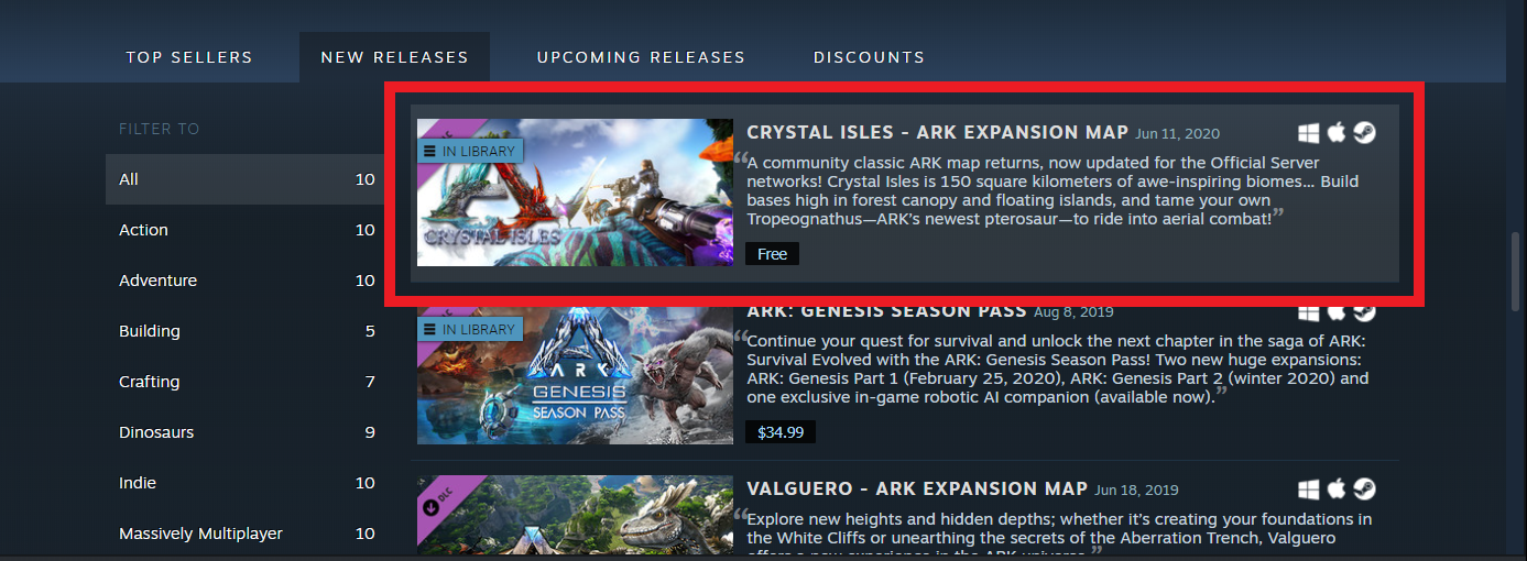 A view of the Crystal Isles DLC in the list of available DLC for Ark Survival Evolved