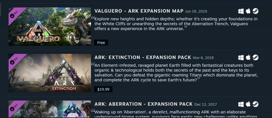 A view of the Valguero DLC in the ARK dlc page on steam