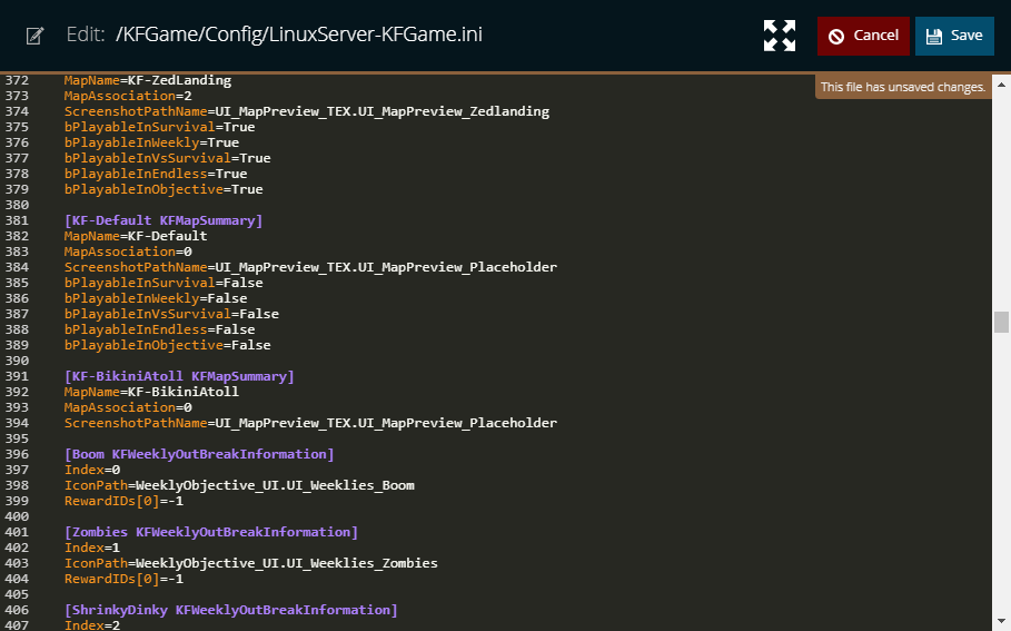 The configuration file LinuxServer-KFGame.ini showing an example Data Store for KF-BikiniAtoll