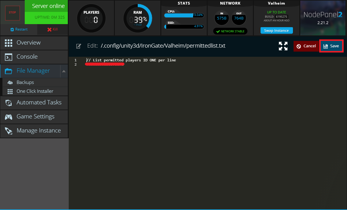 The permittedlist.txt file contents for a Valheim server in NodePanel
