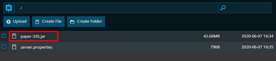 NodePanel File Manager showing newly uploaded Paper Jar