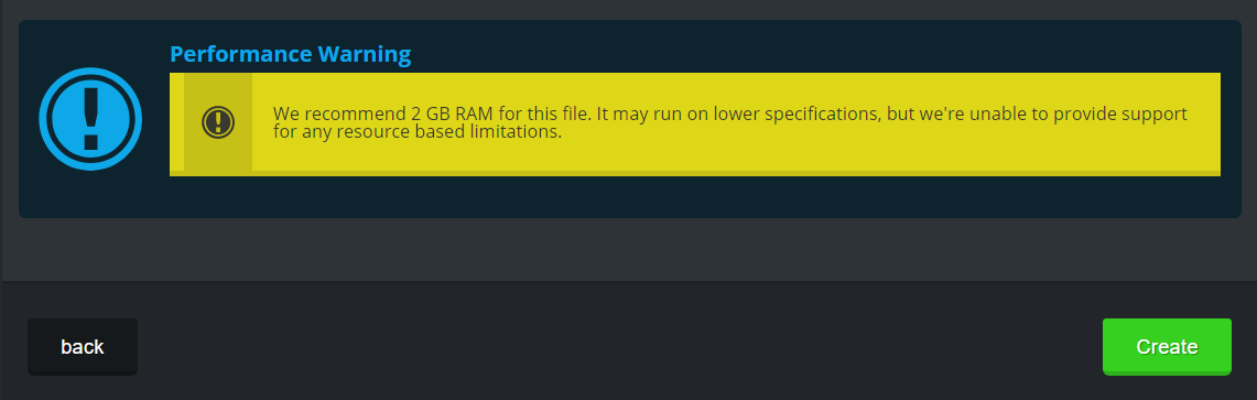 A view of the RAM performance warning and the create new instance button