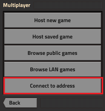 Factorio's multiplayer menu showing you the Connect to address button