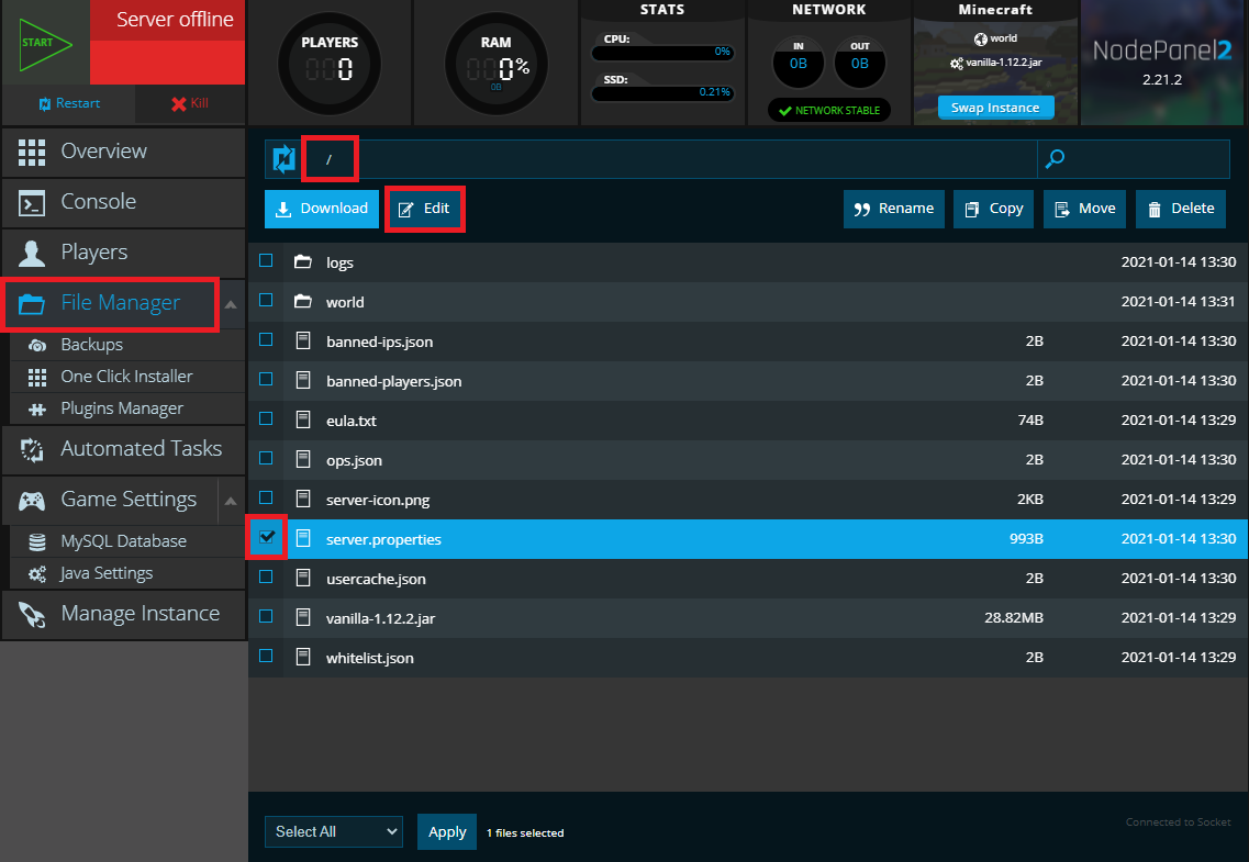 Locating the server.properties file in NodePanel for a Minecraft server
