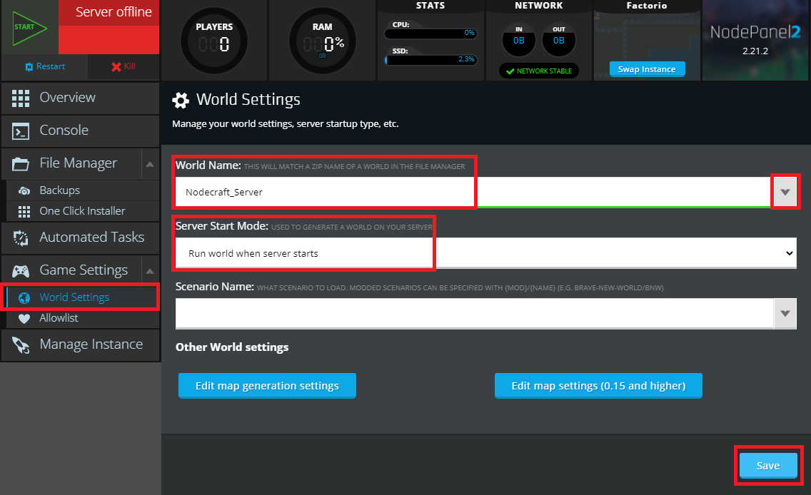 Changing the settings in NodePanel to run the Factorio world we uploaded