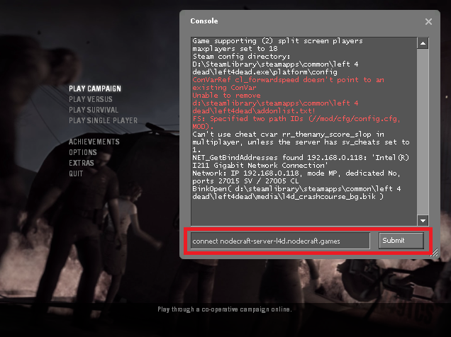 Using the connect command to connect to a Left 4 Dead server