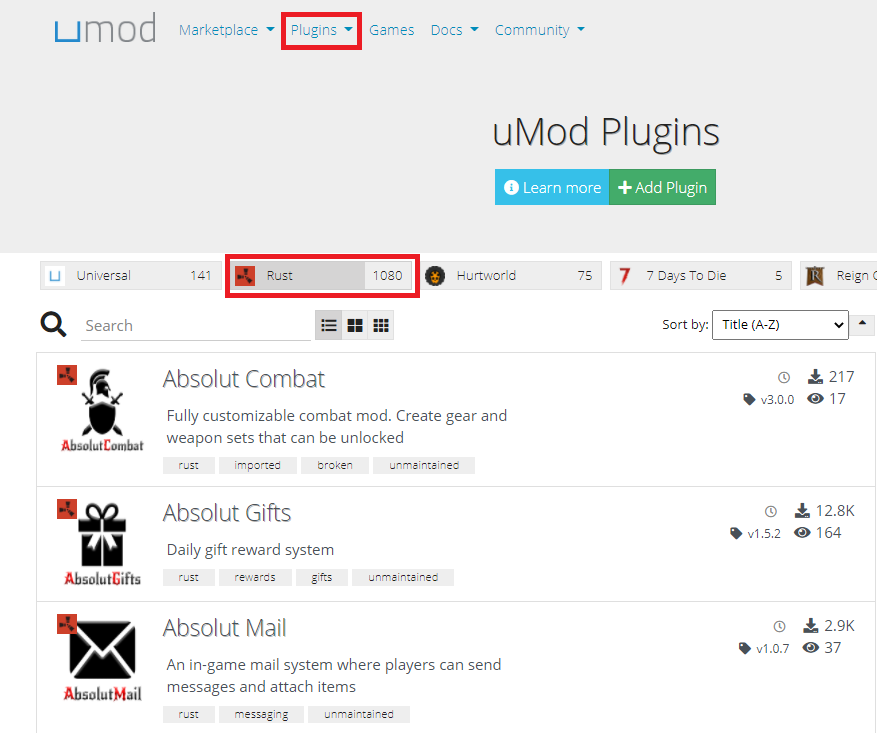 uMod's website for downloading Rust plugins