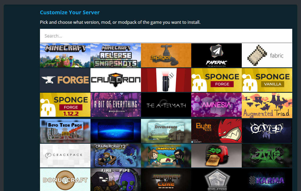 A sample of the many variants and modpacks available for instance creation