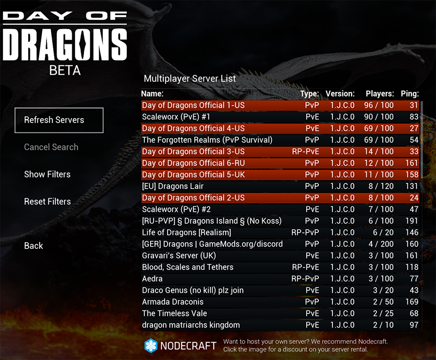 The server list for Day of Dragons