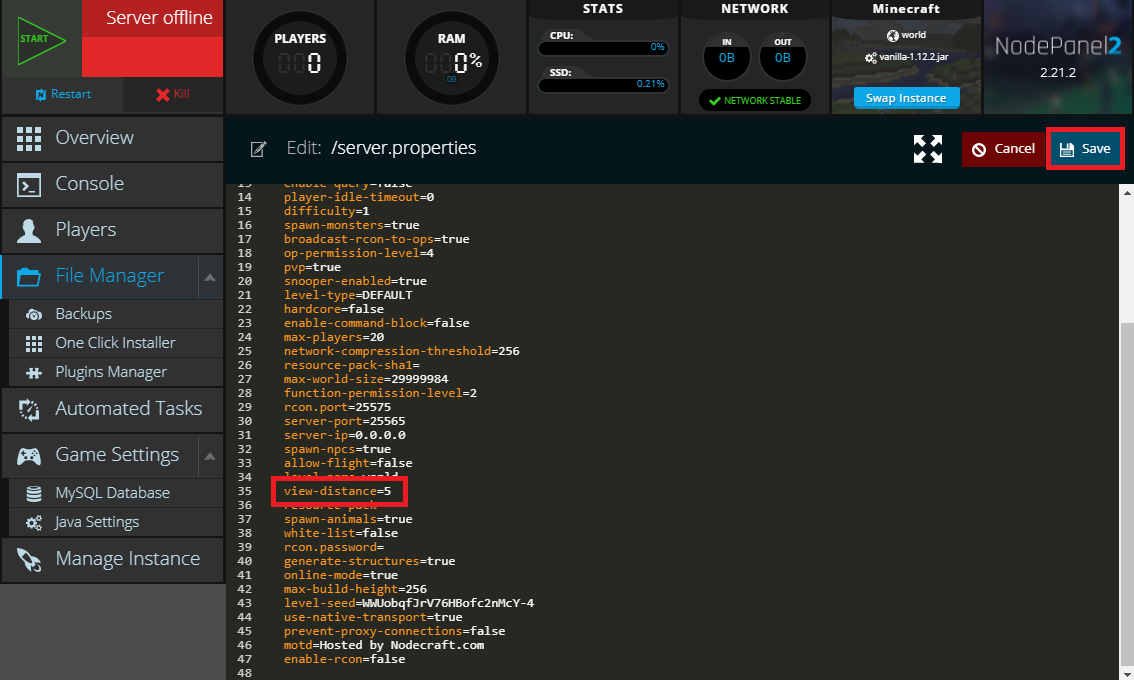 The view-distance setting in the server.properties file for a Minecraft server