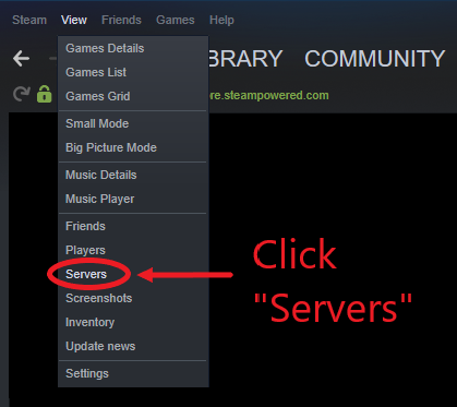 A partial view of a menu in Steam, featuring the servers option