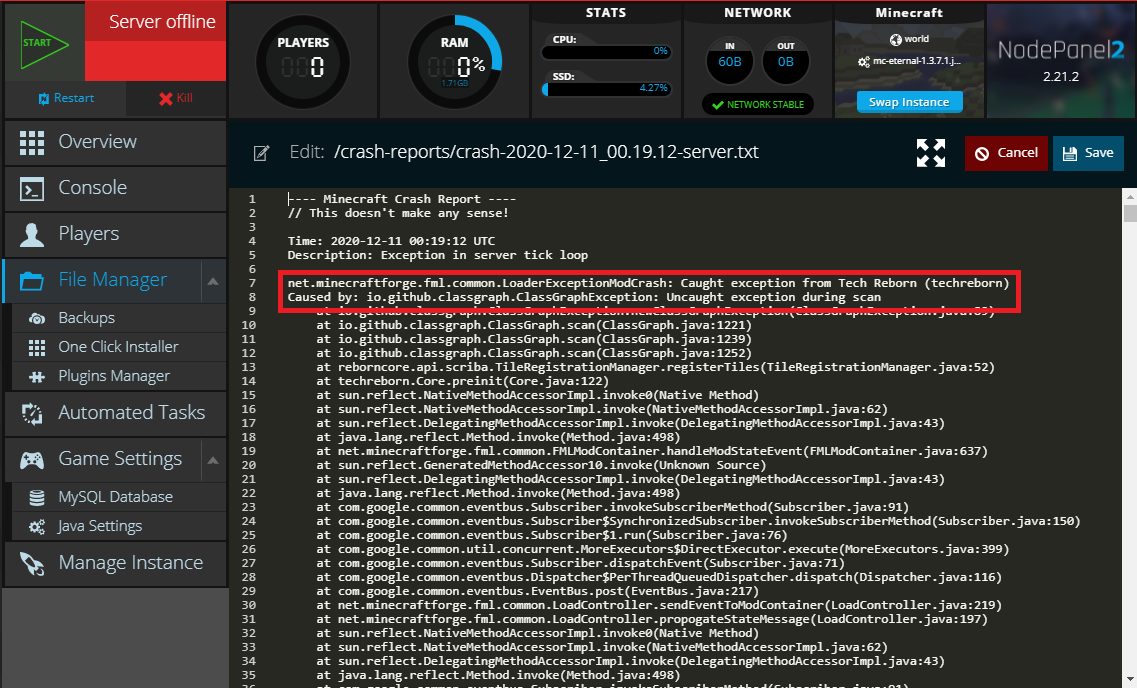 A Minecraft crash report contents in NodePanel indicating a LoaderExceptionModCrash