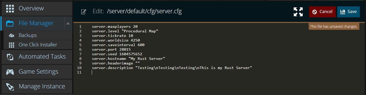 A view of the server.cfg file for the game Rust, showing the server.description setting