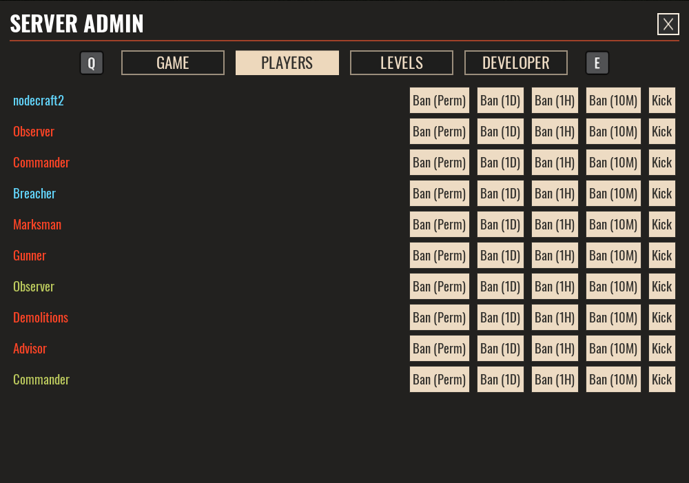 A view of the Players page in the Admin Menu of Insurgency: Sandstorm