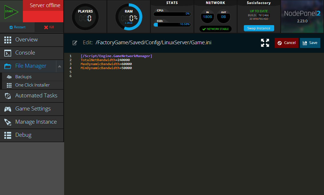 The Game.ini file contents for Satisfactory within NodePanel