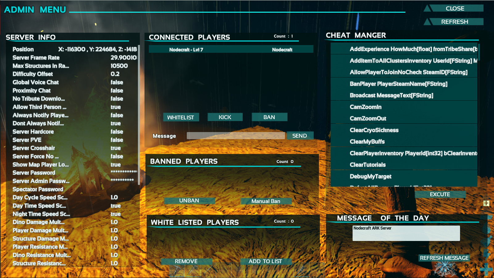 A view of the showmyadminmanager GUI for ARK