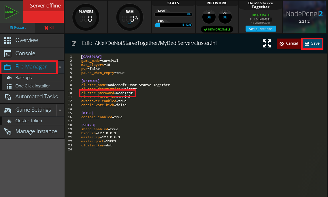 cluster.ini file contents to add a password for a Don't Starve Together server