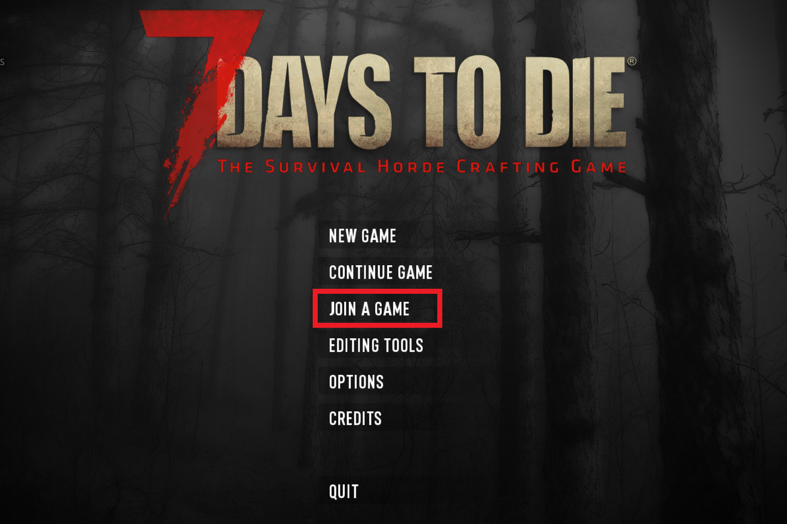 A view of the main title screen for the game 7 Days to Die, with the 