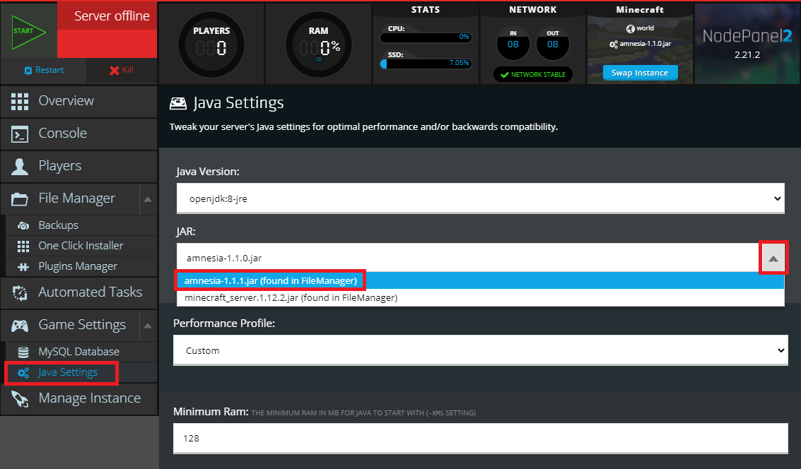 Setting the correct forge jar in the NodePanel for Minecraft