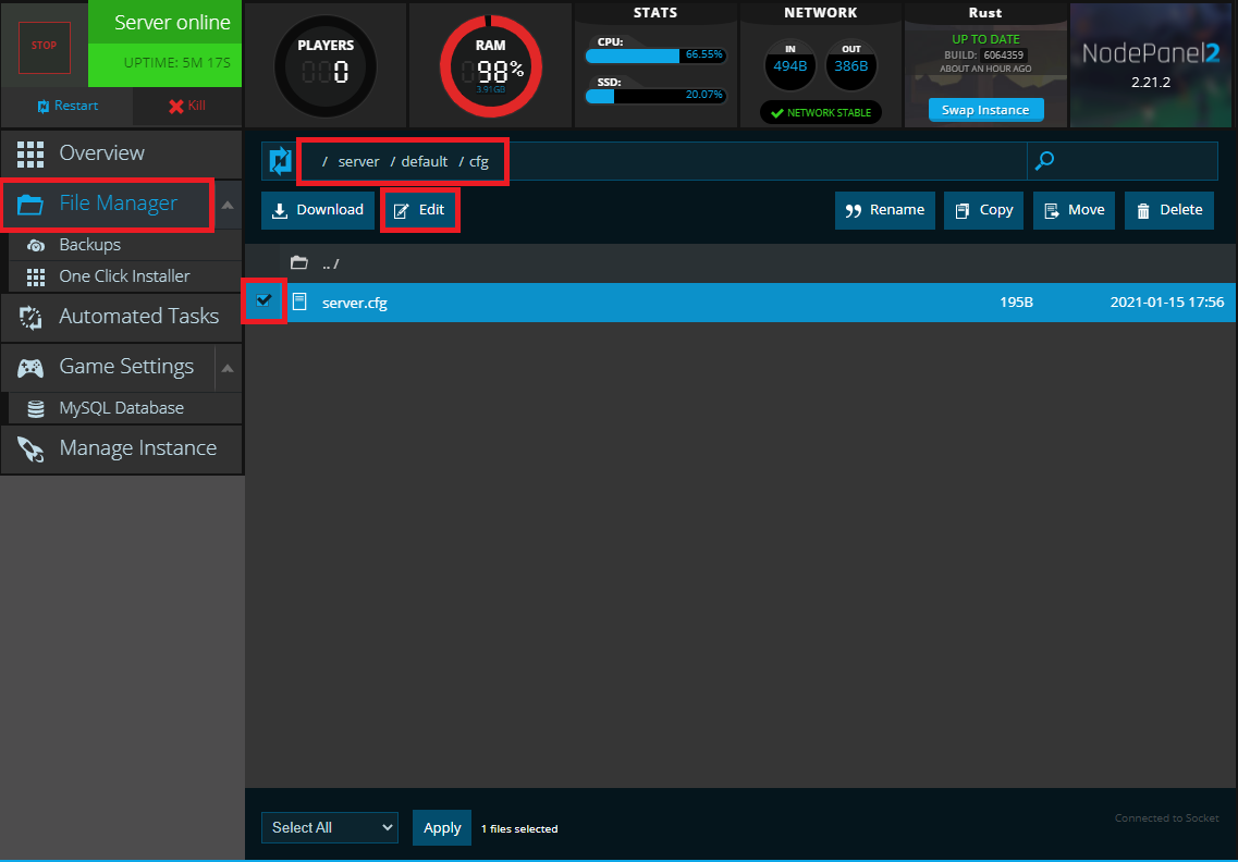 Locating the server.cfg file for a Rust server within NodePanel