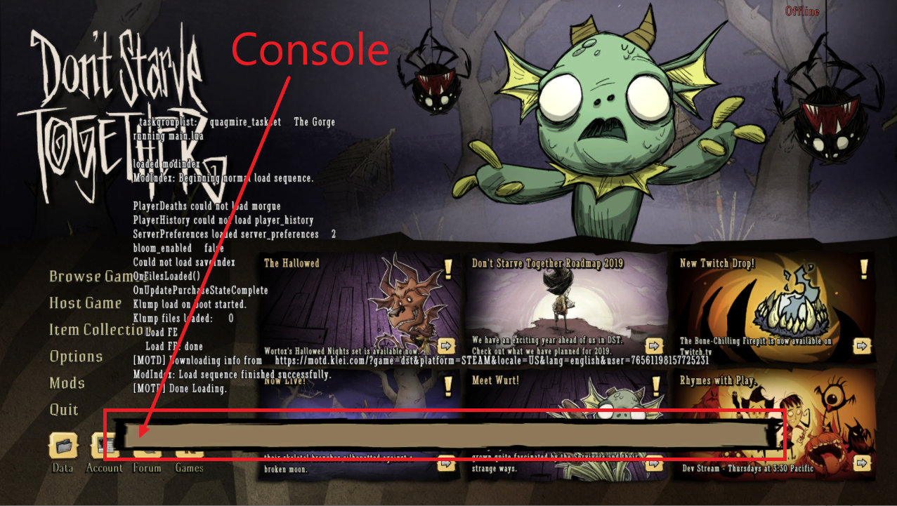 A view of the console screen for the game Don't Starve Together