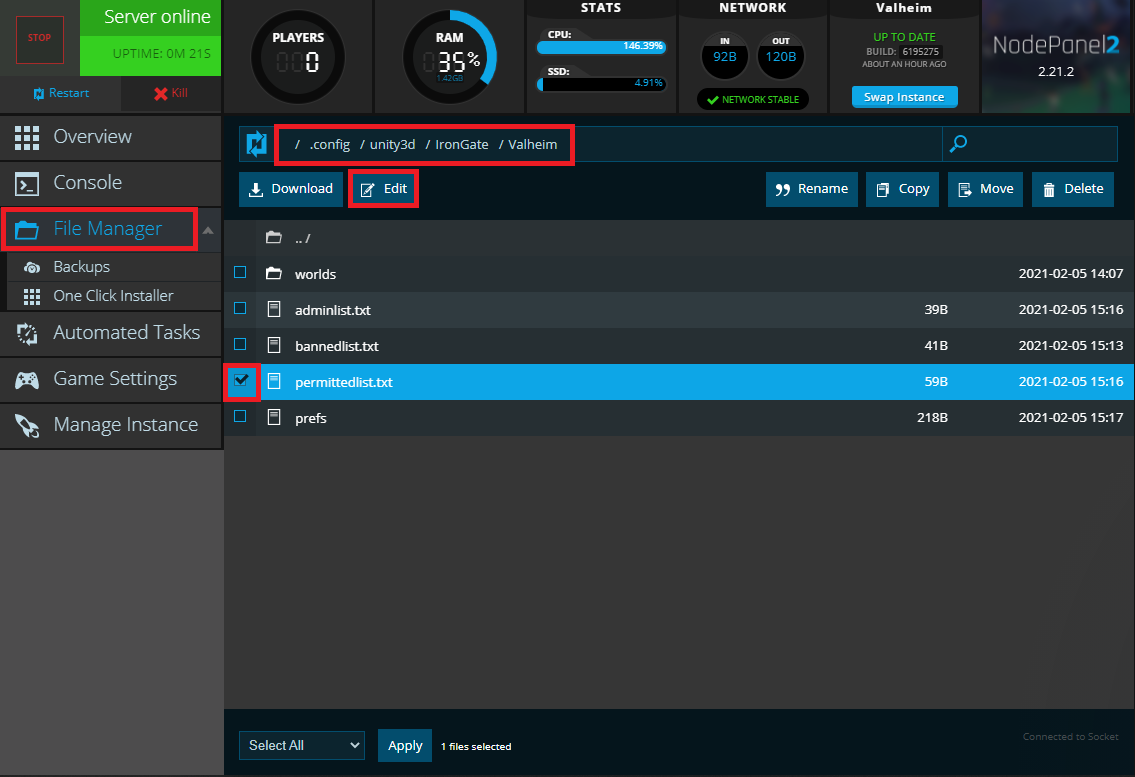 The permittedlist.txt file location for a Valheim server in NodePanel