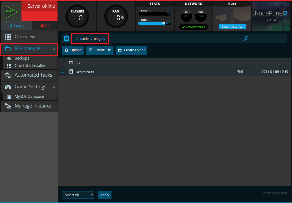 Uploading the whitelist plugin to the plugins folder for a Rust server