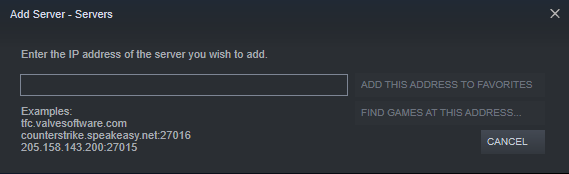 A view of the window for adding a server to favorites servers on Steam