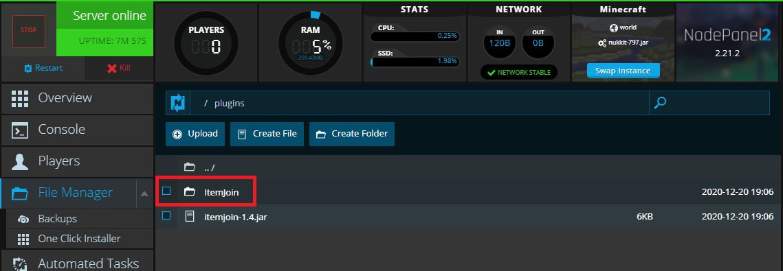 Showing the config folder that was generated for a plugin for Cloudburst in NodePanel