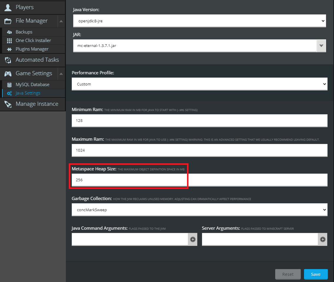 The Java Settings tab in Nodepanel for Minecraft showing the Metaspace setting