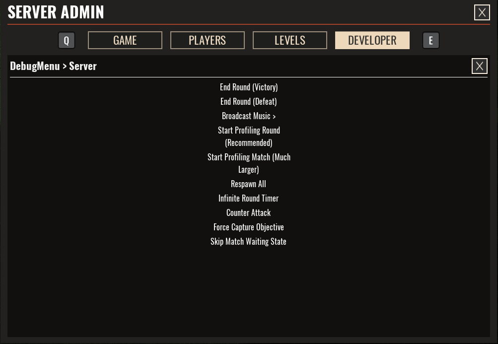 A view of the debugmenu servers sub-page of the Admin menu of Insurgency: Sandstorm.