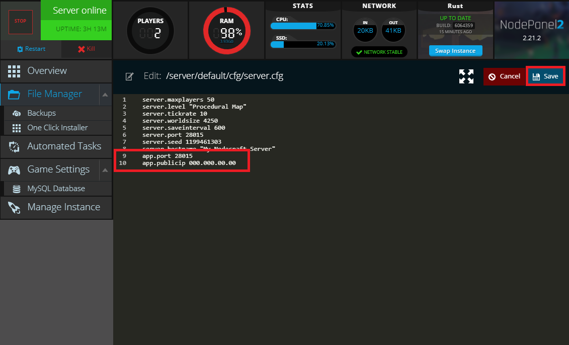 Editing the server.cfg file in NodePanel for a Rust server