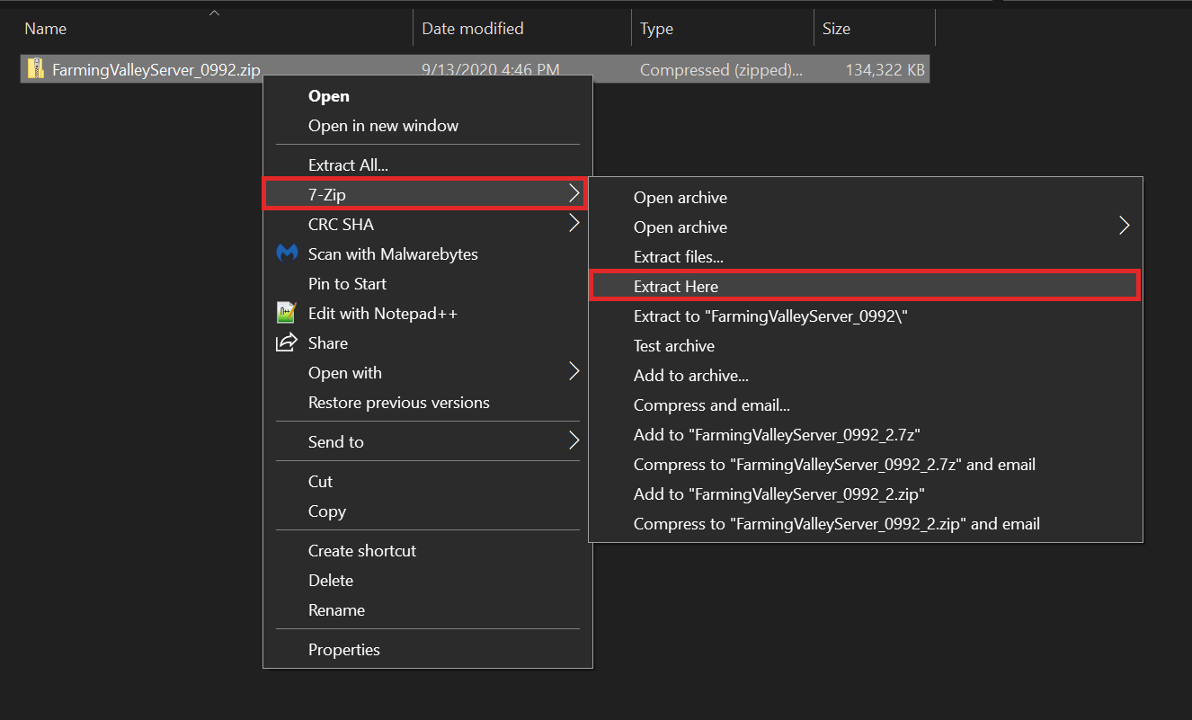 The zip file of the modpack with the right-click menu displayed showing where to unzip it with 7-zip